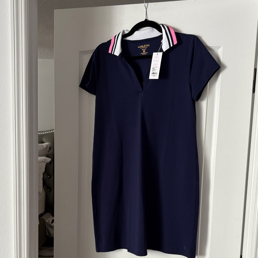 NWT Lilly Pulitzer Dark Blue Cayo Costa Dress with Pink & White Collar. size M